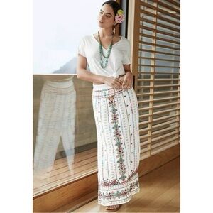 Johnny Was Verena side slit skirt linen Bohemian White Maxi Skirt embroidered